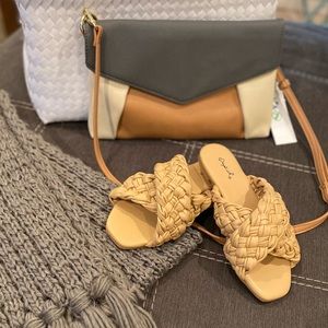 Tan braided slip on sandals